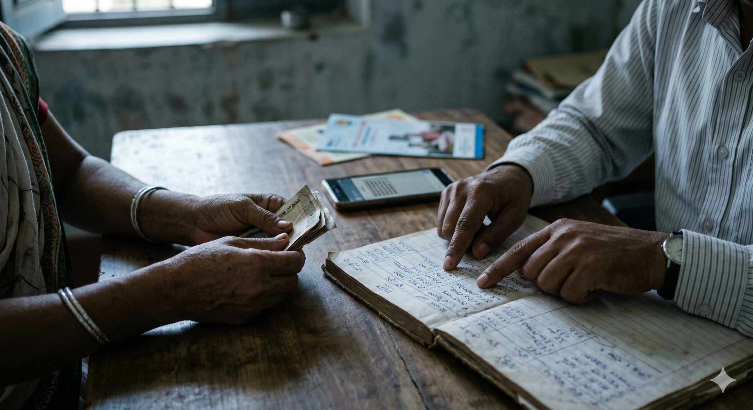 Rural woman interacting with an unofficial agent, showing dependency.
