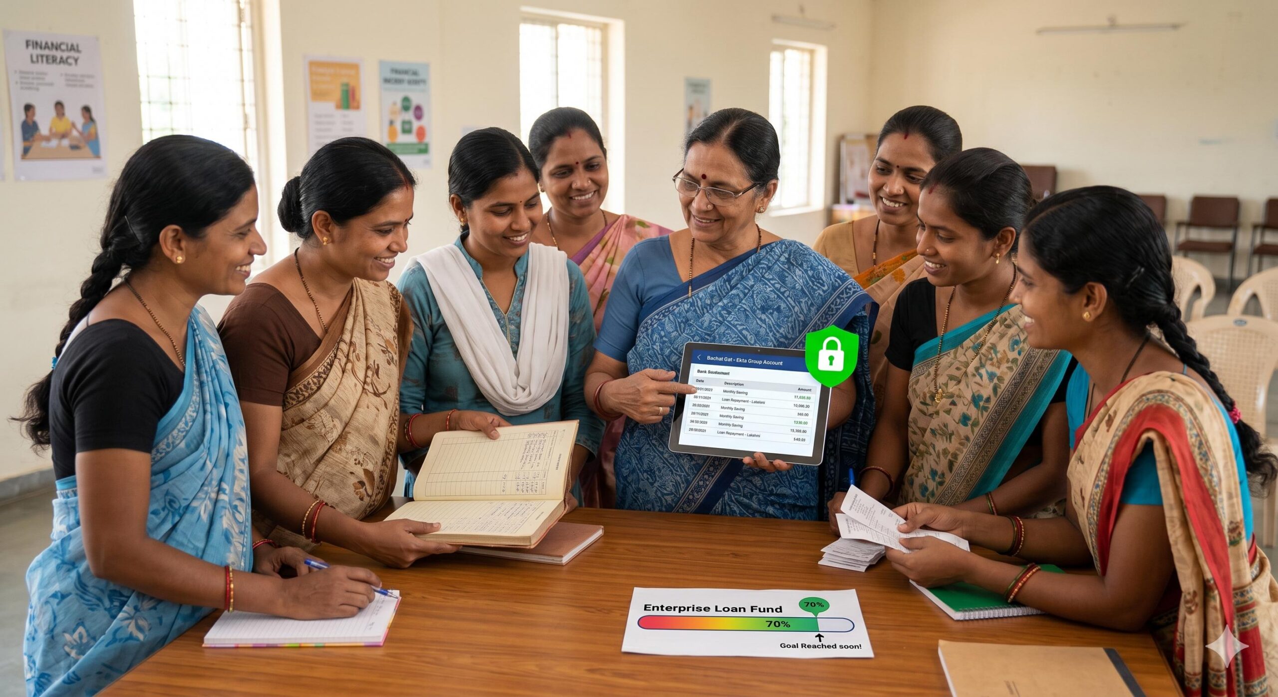 SHG members collaboratively reviewing transparent digital banking records in a meeting