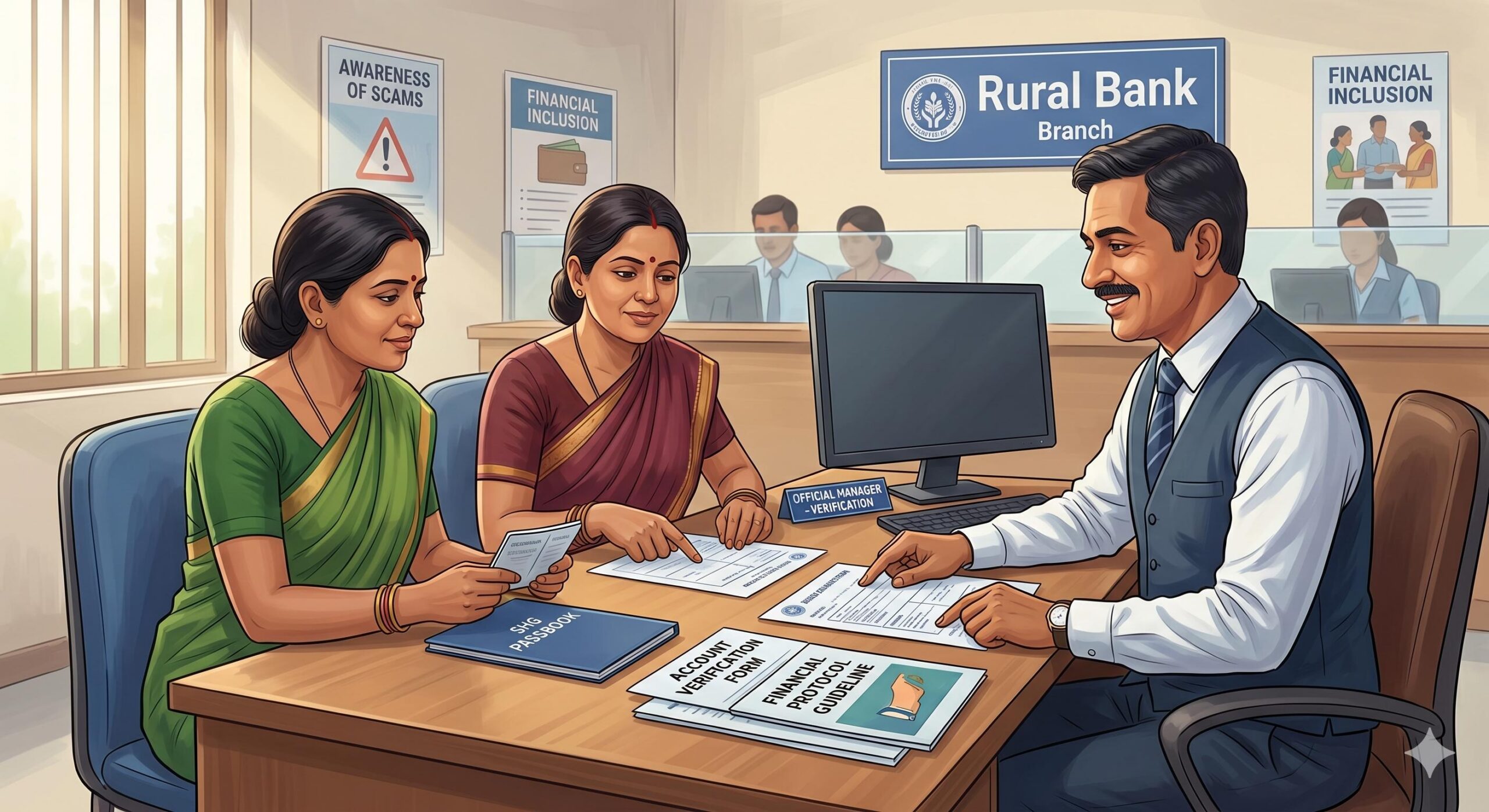 SHG members safely verifying financial details with an official bank manager.