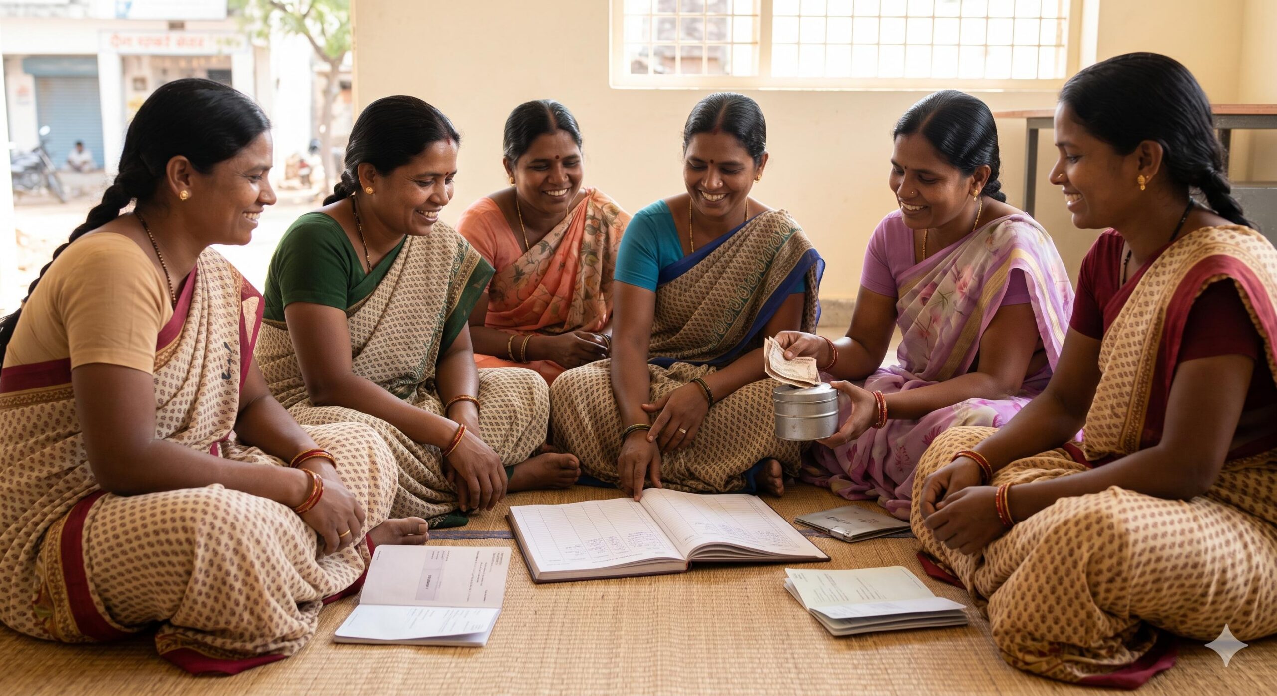 Six Indian women in a cooperative Bachat Gat saving group meeting.