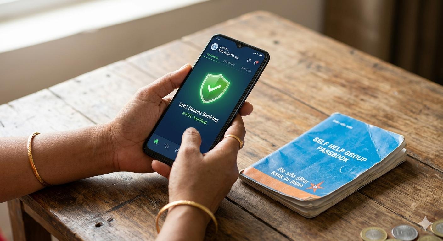 Smartphone displaying a secure banking app next to a traditional SHG passbook.