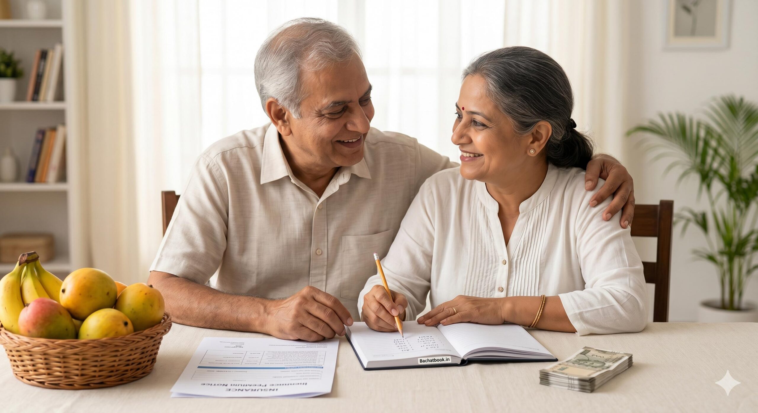 Smiling elderly Indian couple planning their budget.