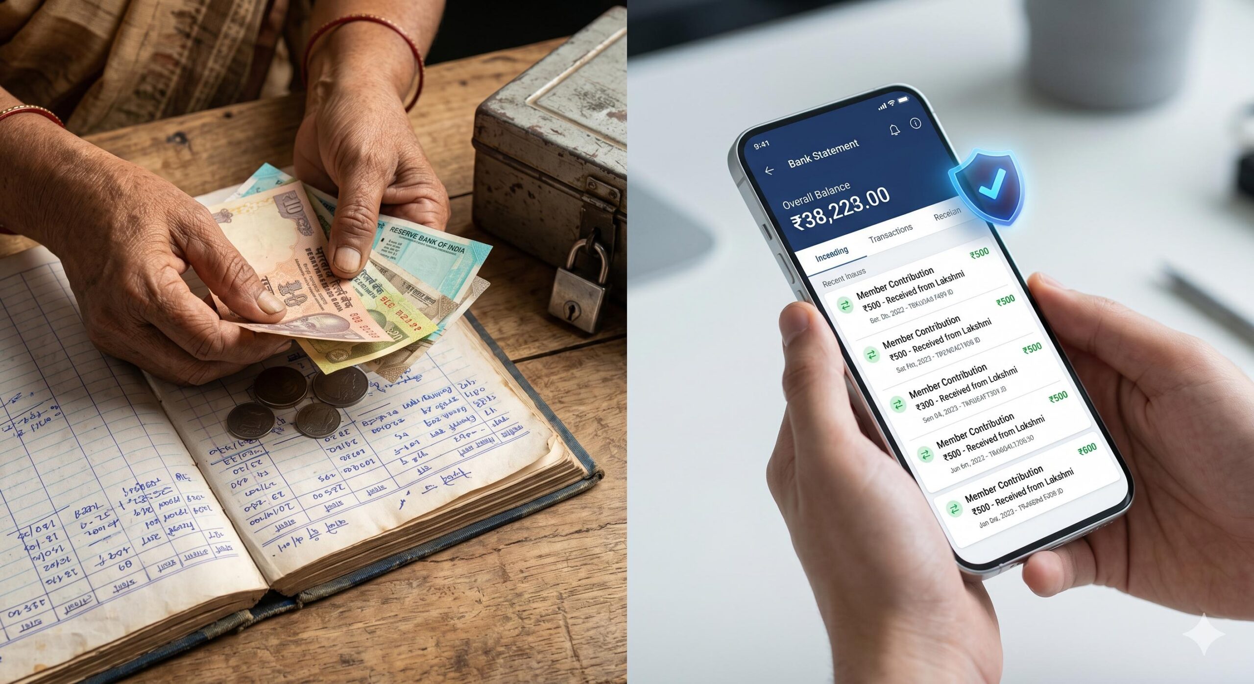 Split view comparing physical cash ledger to clean digital transaction logs