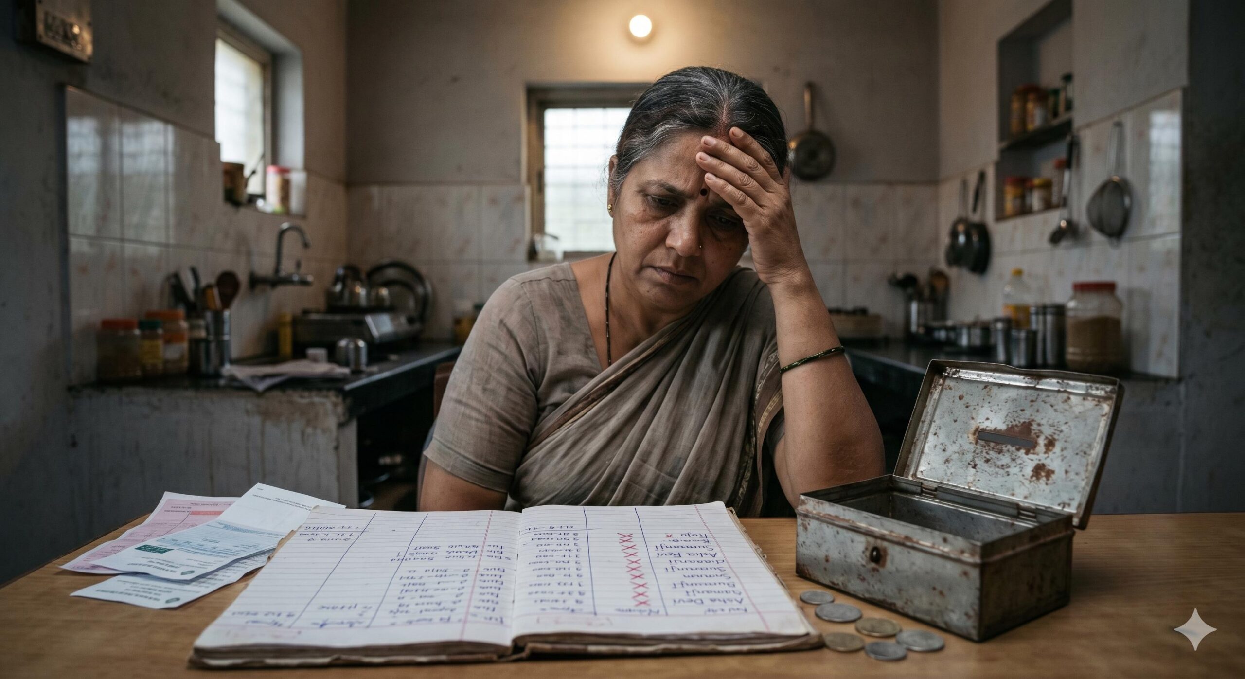 Stressed Indian woman viewing disorganized savings ledger with defaults.