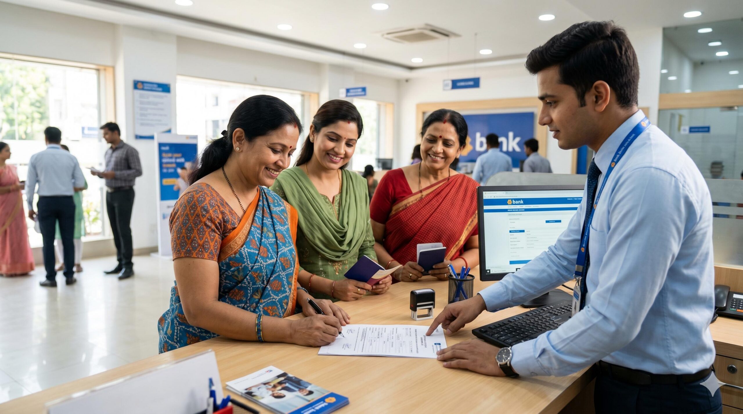 Three Indian women signing joint bank account documents at a local bank branch.