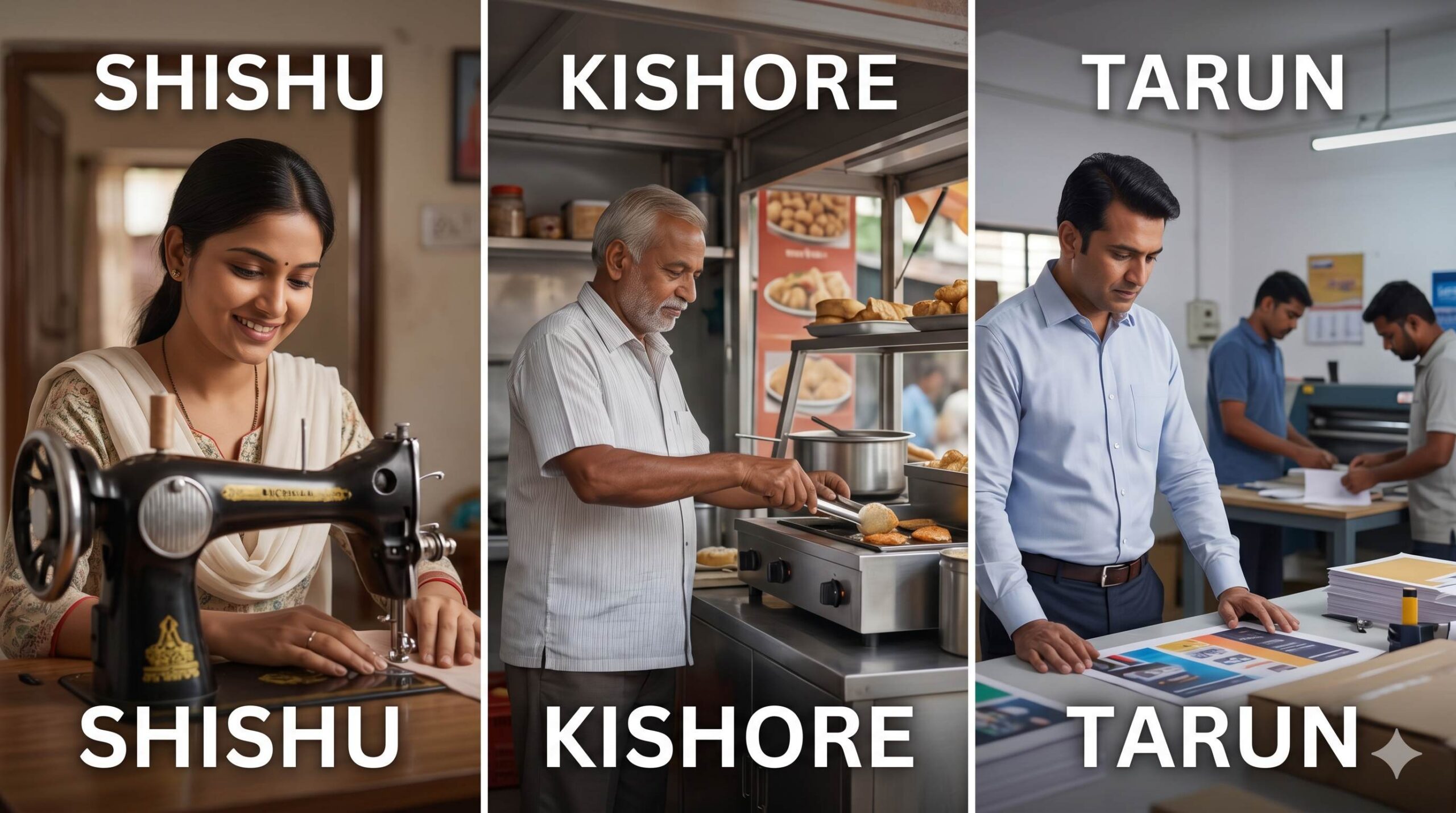 Three people representing different stages of Mudra loans_ Shishu, Kishore, and Tarun.