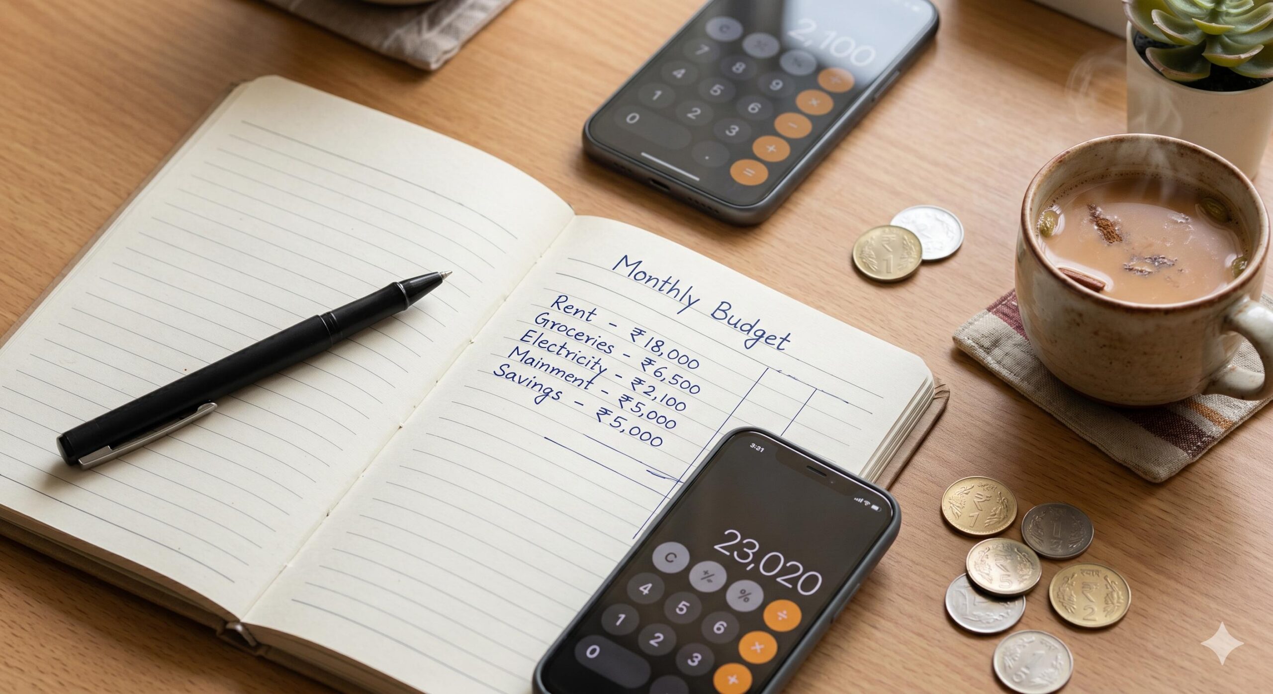 Top-down view of a monthly budget notebook, calculator, coins, and a cup of chai on a desk.