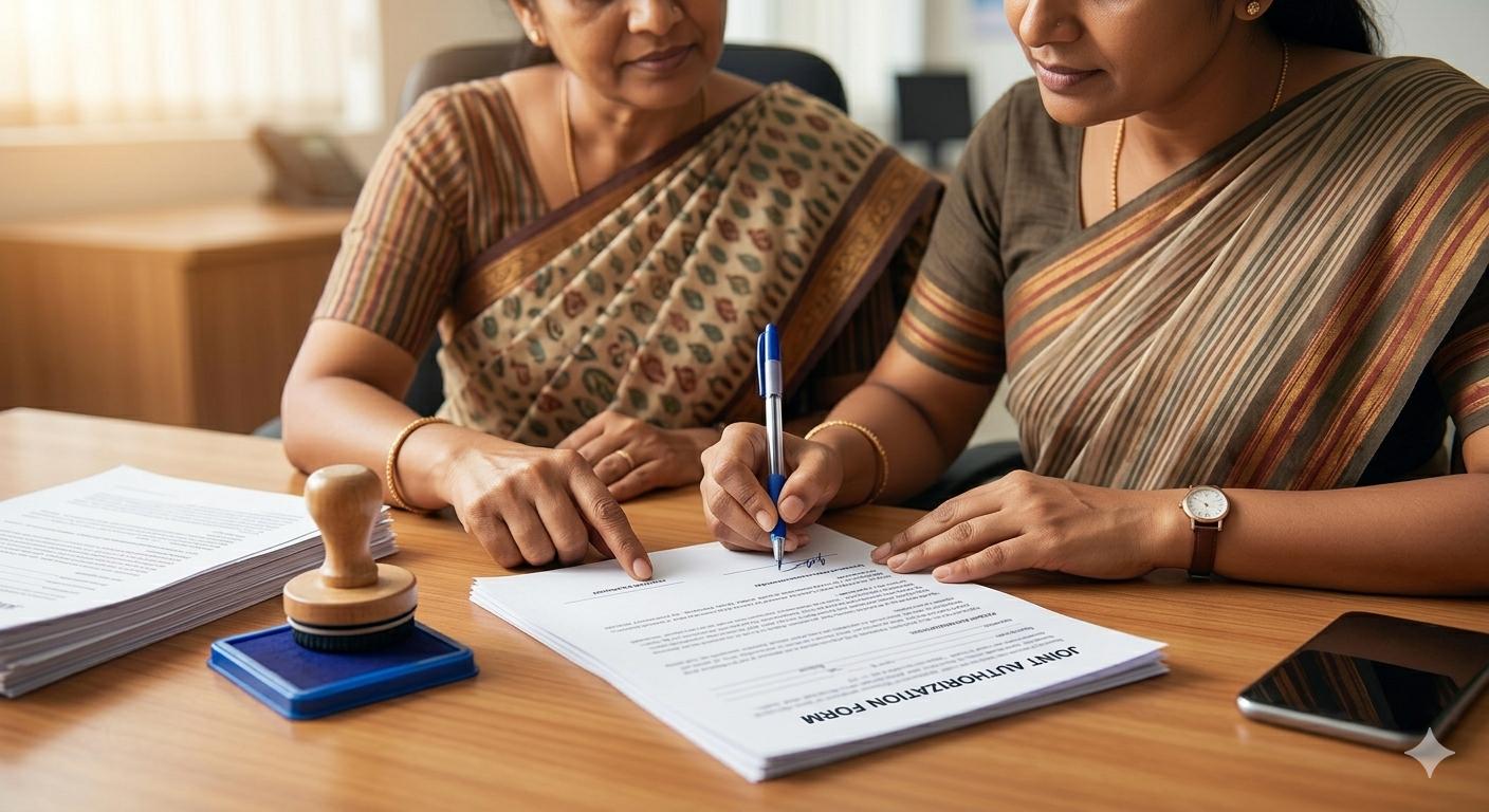 Two SHG members jointly reviewing and signing a banking document for safe withdrawals.
