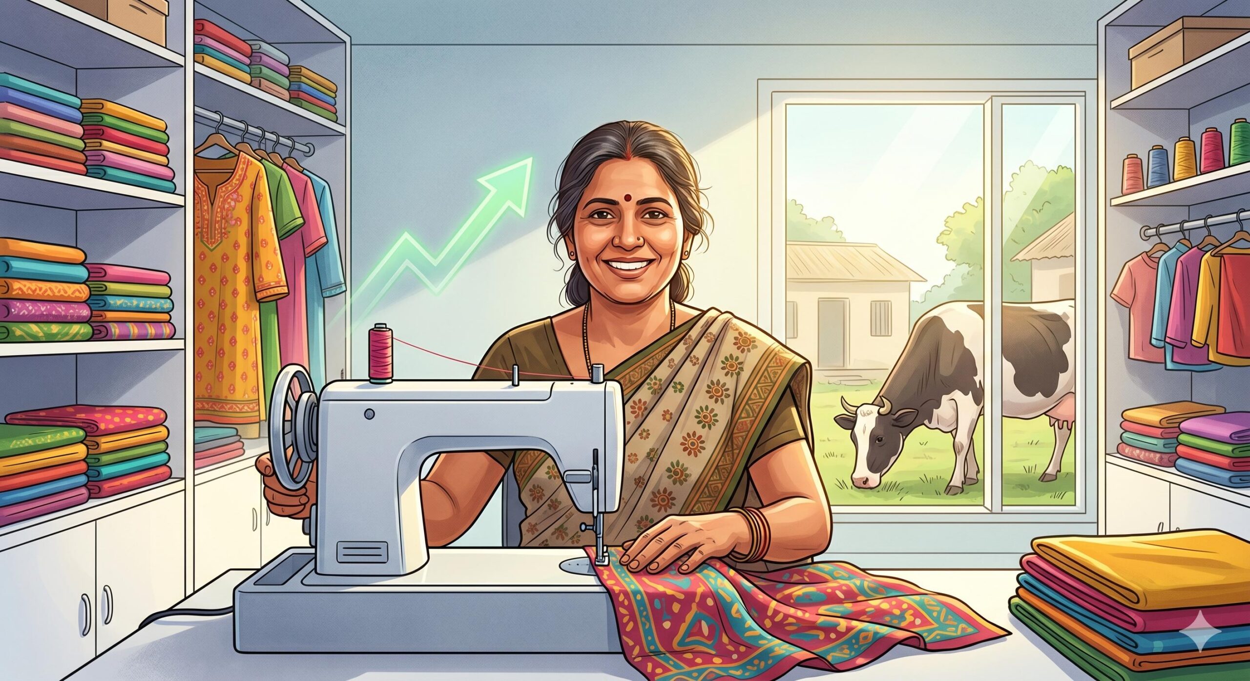 Woman running a successful village tailoring business funded by an SHG loan.